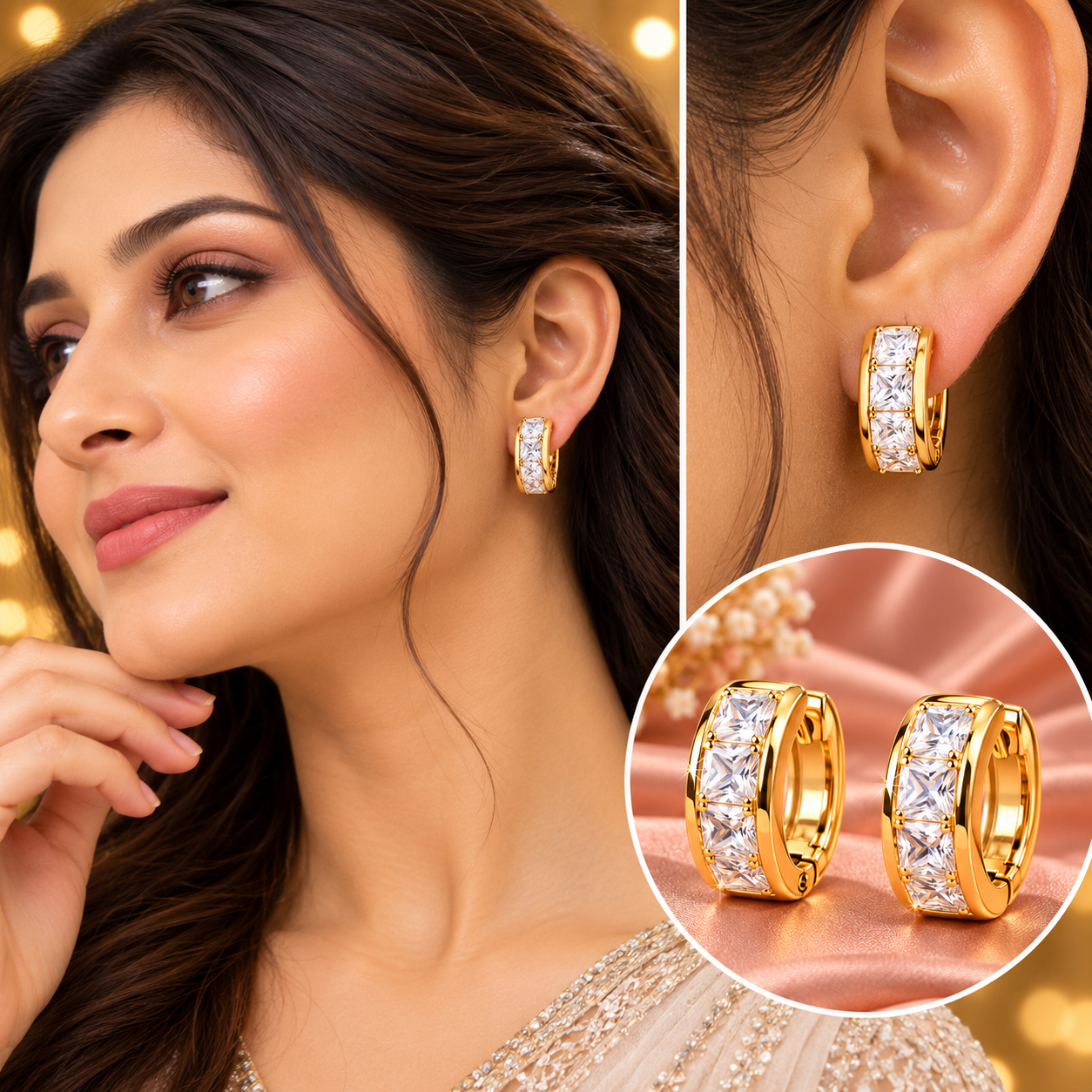 Classic Princess-Cut CZ Gold Huggie Hoop Earrings